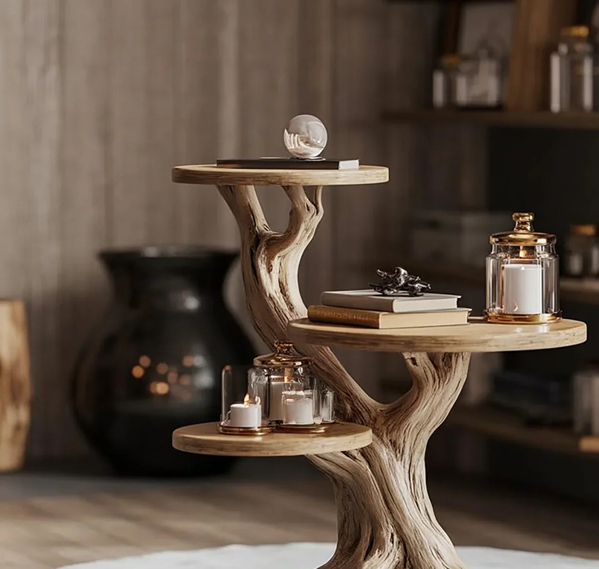 Sustainably crafted live edge wood tree bookshelf with candles and decor in a modern room