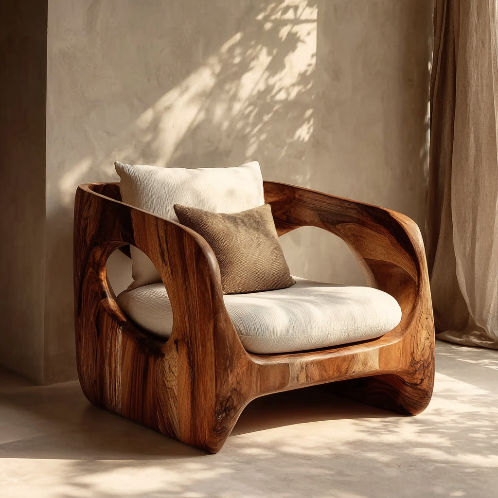 Solid wood armchair with sculpted frame, cream cushion, and accent pillow in sunlit room