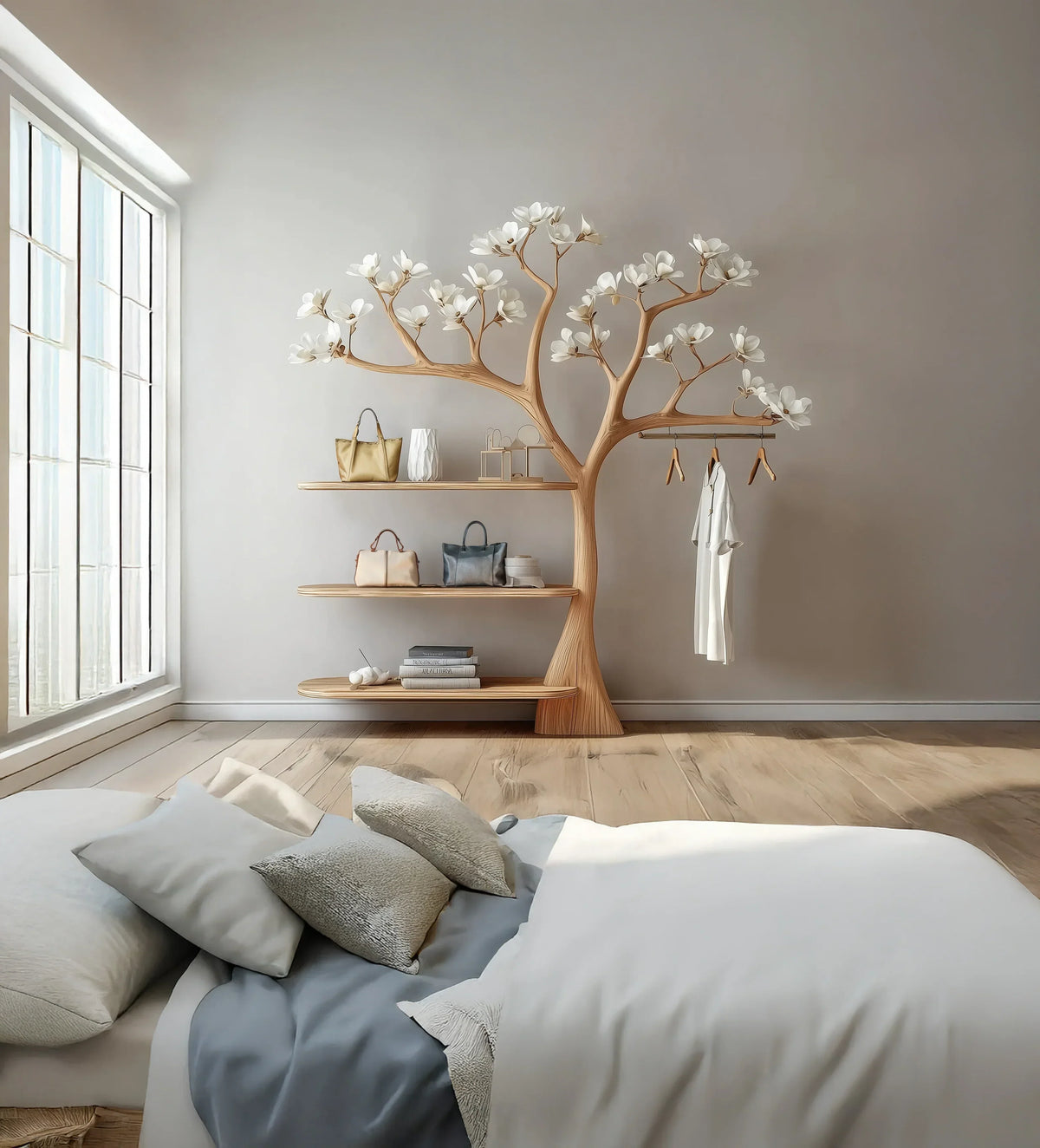 Tree-shaped wooden bookshelf with shelves and hanging hooks in a modern bedroom