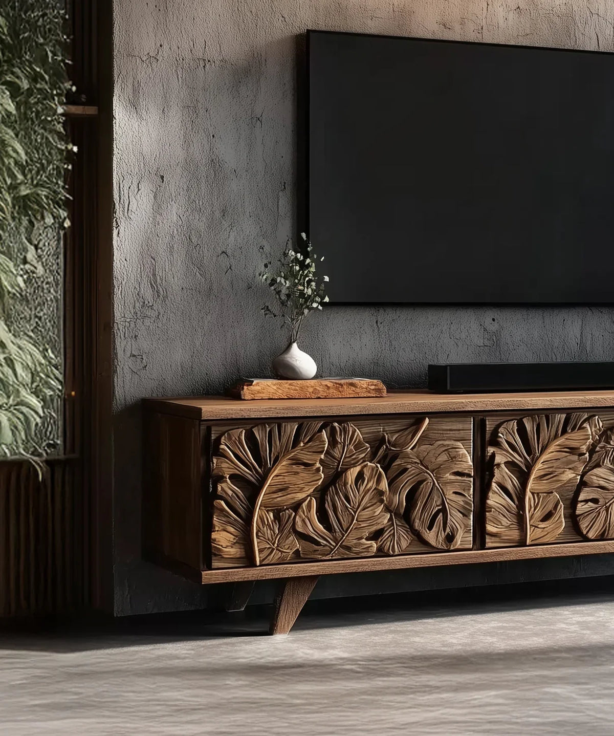 Solid wood TV stand with carved leaf pattern, live edge detail, and modern decor