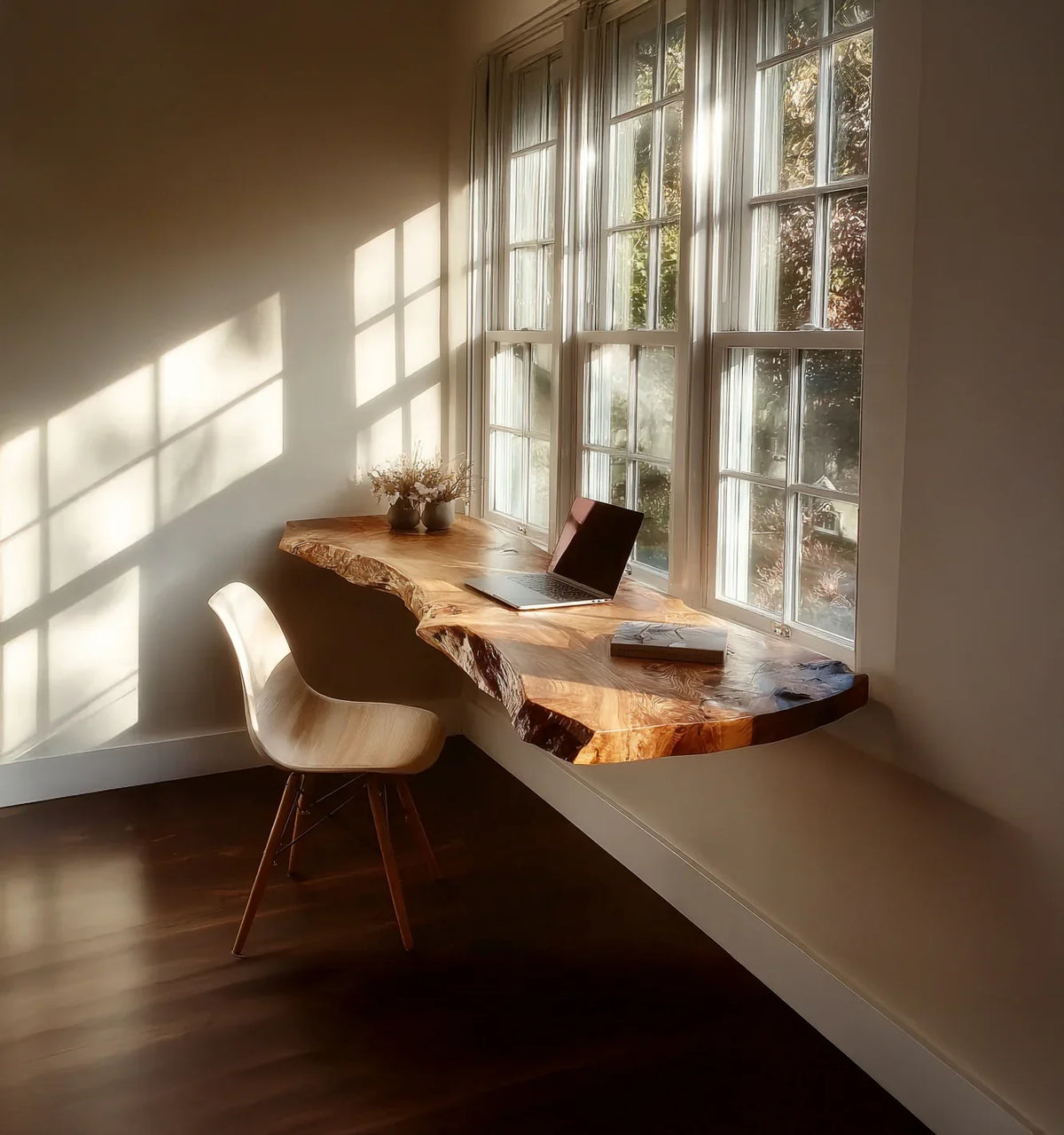 Live edge floating wood desk by large window with laptop and minimalist chair