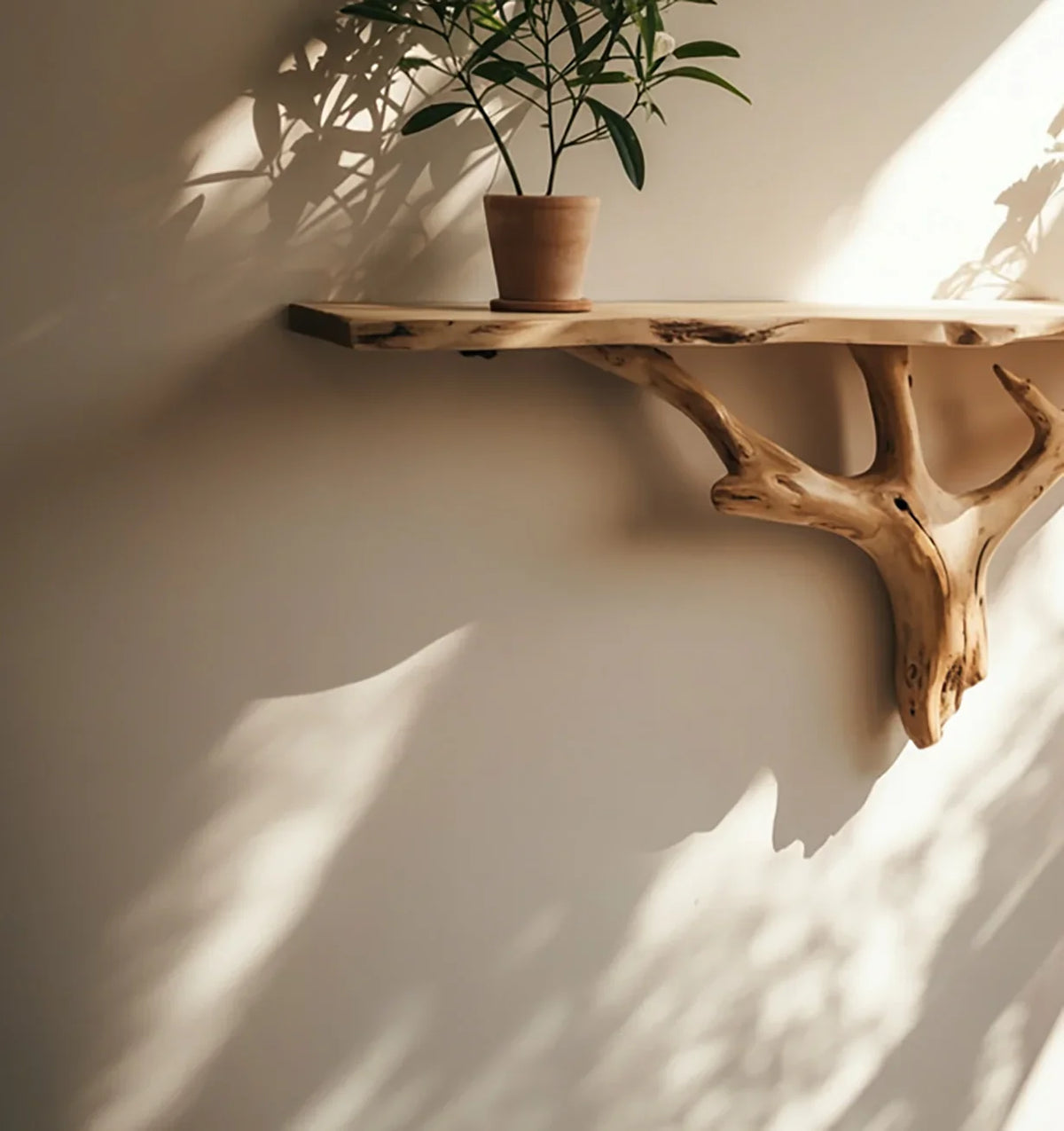 natural wood branch wall shelf with a terracotta pot plant casting shadows on beige wall