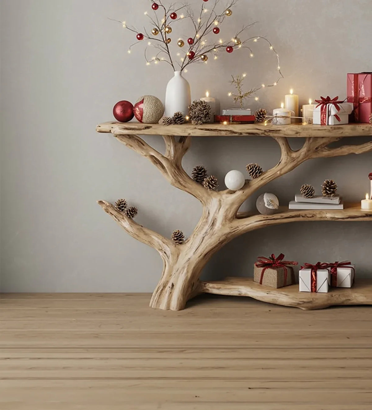Live edge tree bookshelf decorated with candles, pinecones, ornaments, and gift boxes