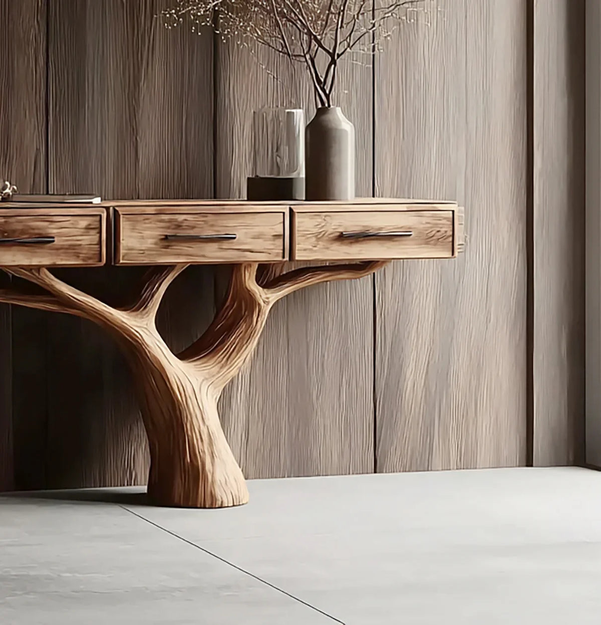 Live edge solid wood tree branch console table with drawers in modern interior