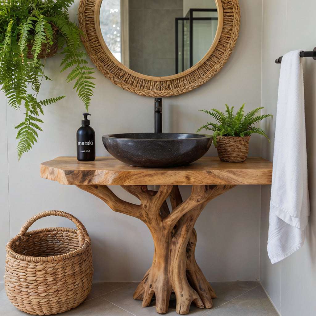 Sculptural tree root vanity base in a luxury bathroom interior
