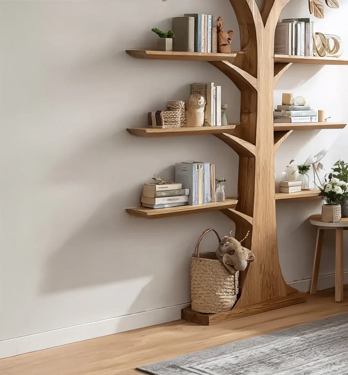 wooden tree-shaped bookshelf with books, plants, and decor in cozy modern room