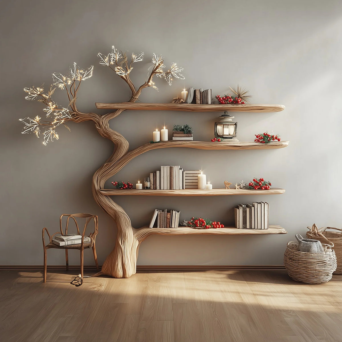 Unique wooden bookshelf shaped like a tree with illuminated branches, candles, books, and red berries in a cozy room