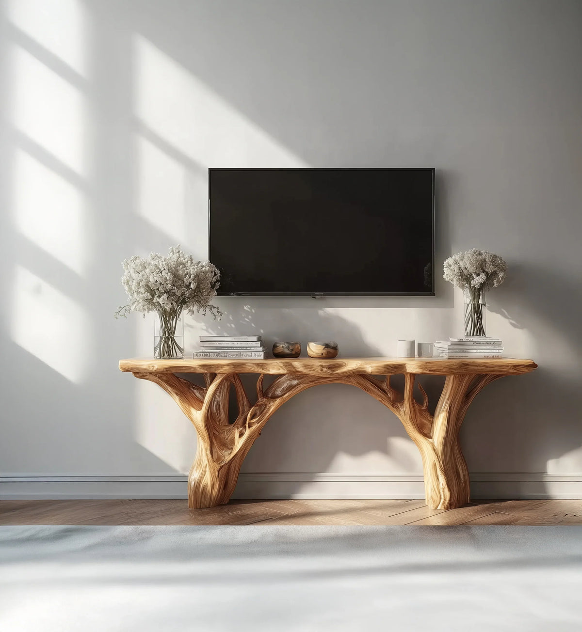 Live edge solid wood console table with organic branches, modern living room decor