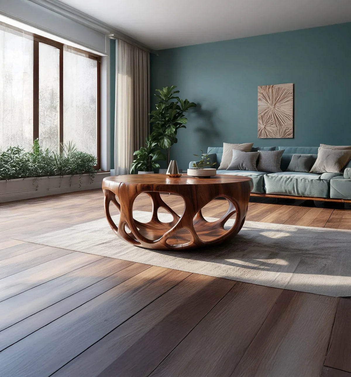 Modern living room with sculptural wooden coffee table, teal sofa, green plants, and natural light