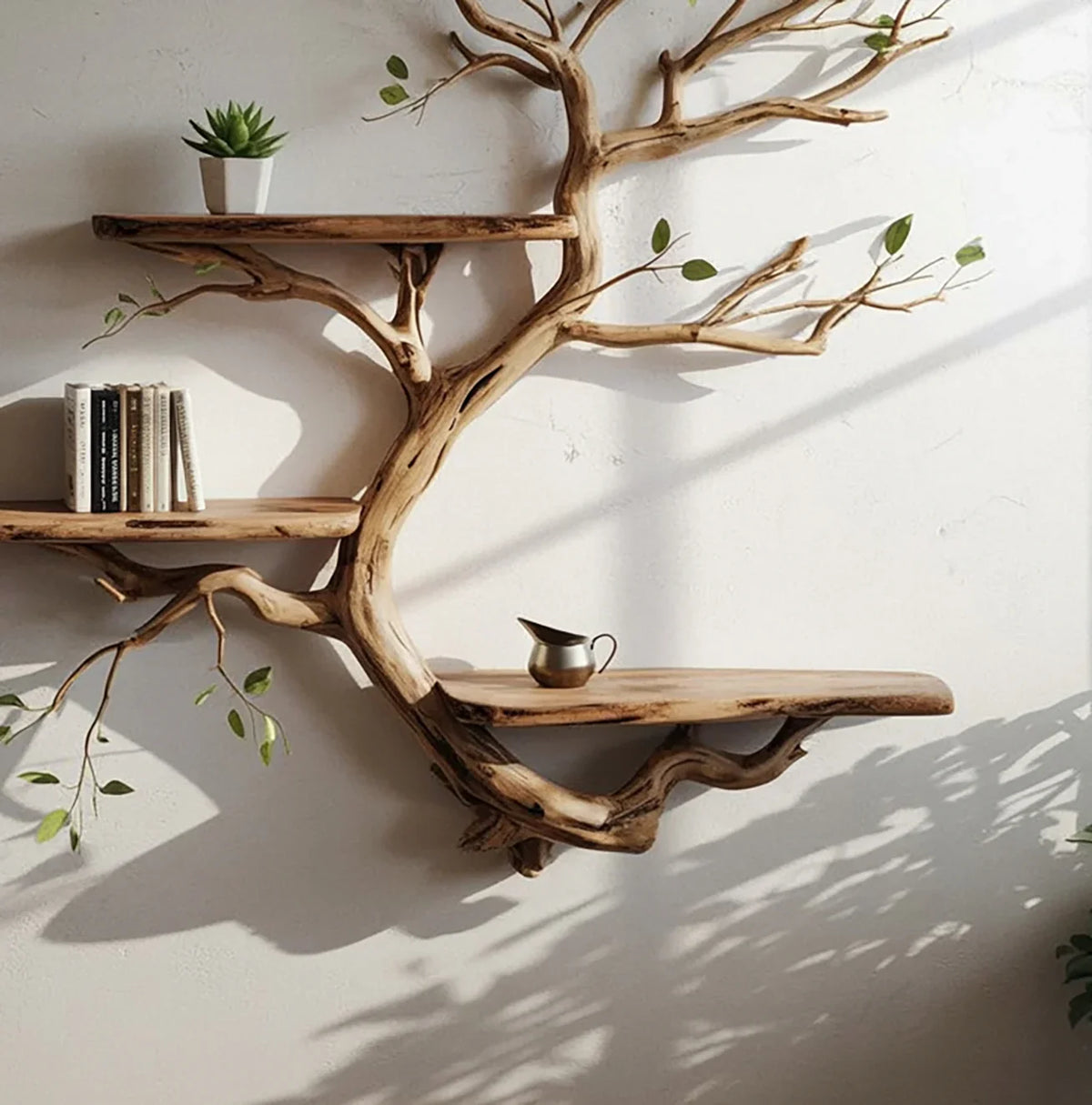 Natural wood tree branch wall shelf with books, small plant, and metal pitcher in bright room