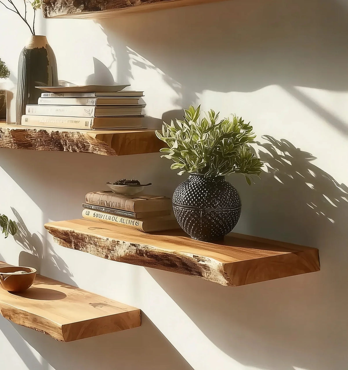Natural wood floating shelves with books, ceramic vase, and potted plant in sunlight