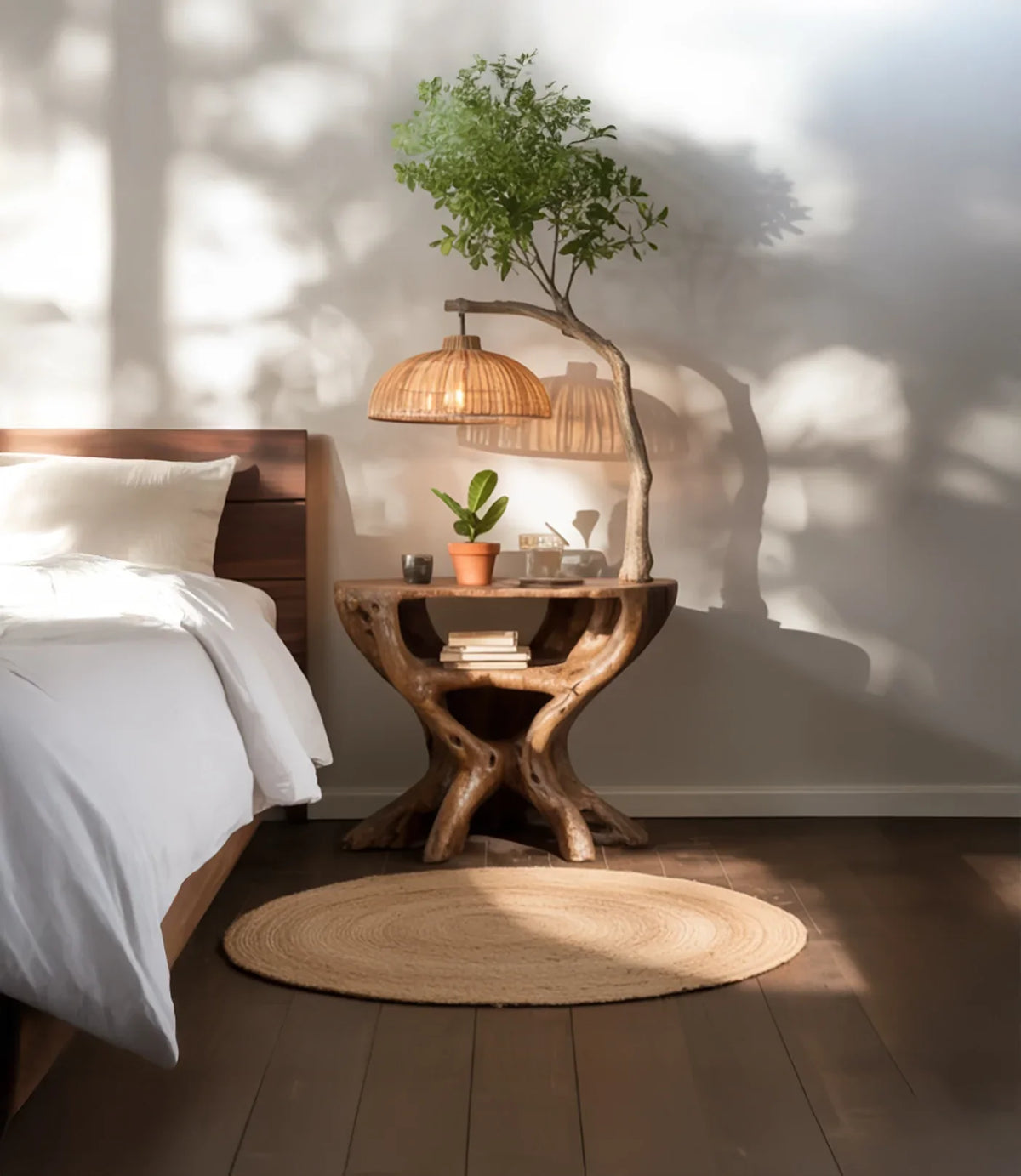 Solid wood live edge nightstand with potted plant and unique lamp beside bed in sunlit room
