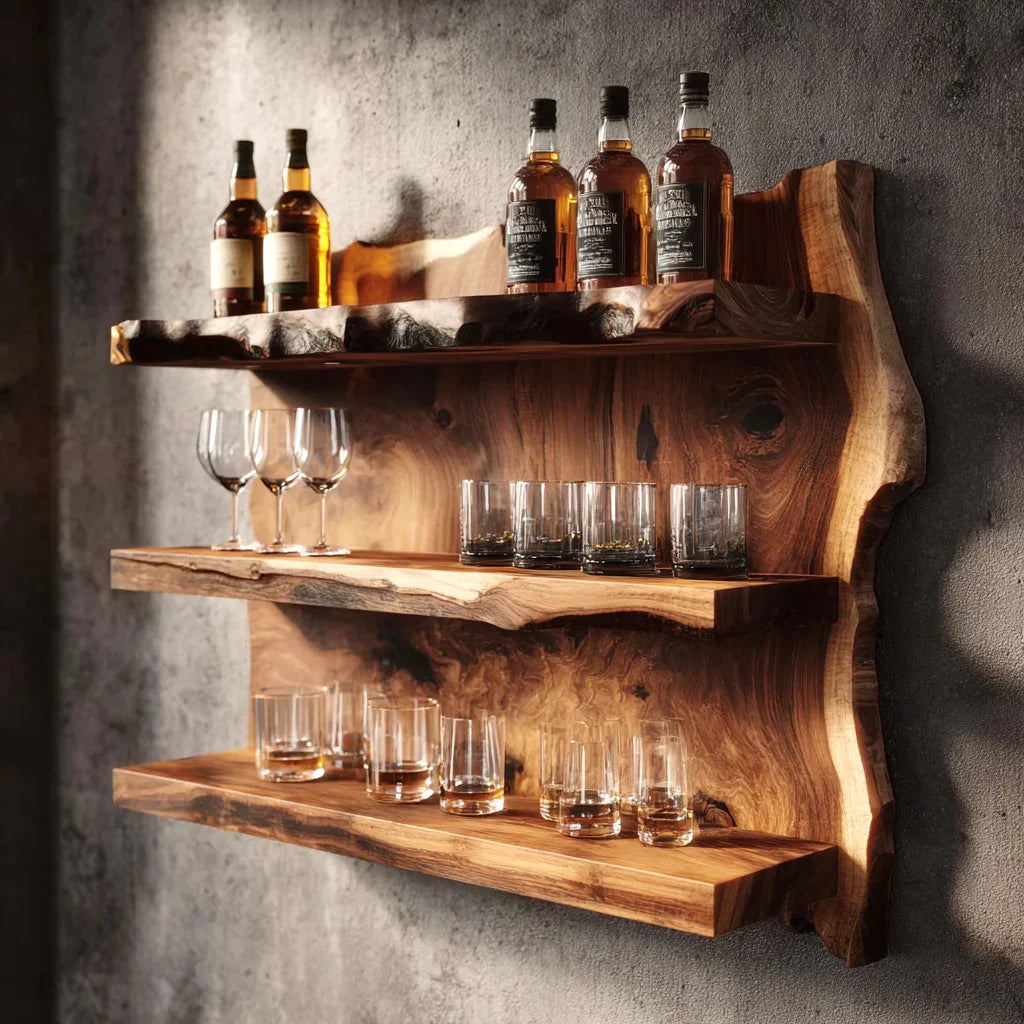 Rustic wooden wall shelves holding whiskey bottles and assorted glassware against textured concrete wall