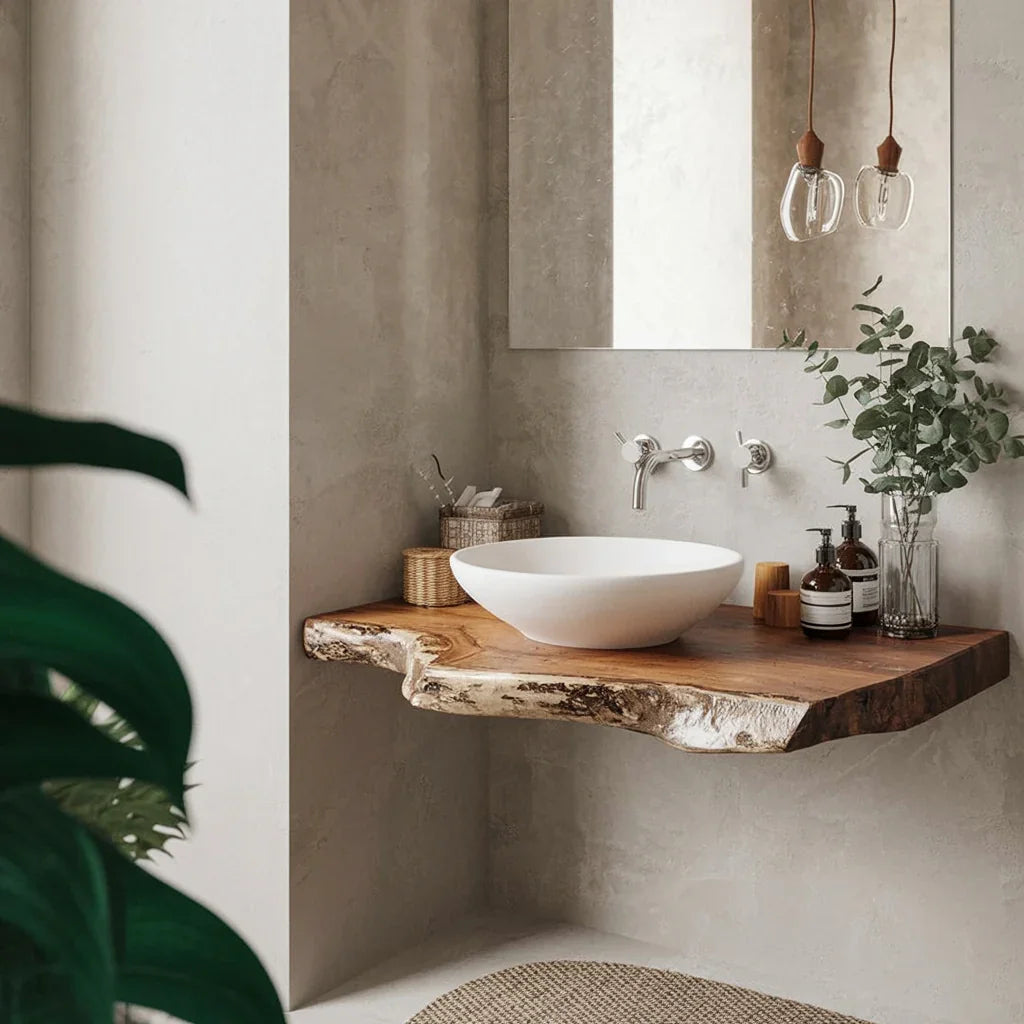 Live edge solid wood floating vanity with vessel sink in modern bathroom