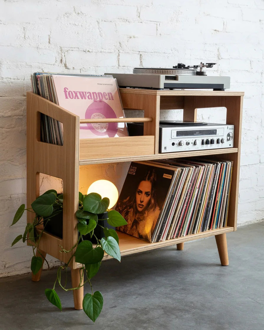 Mid-century modern wooden vinyl record storage cabinet with turntable, amplifier, records, and potted green plant