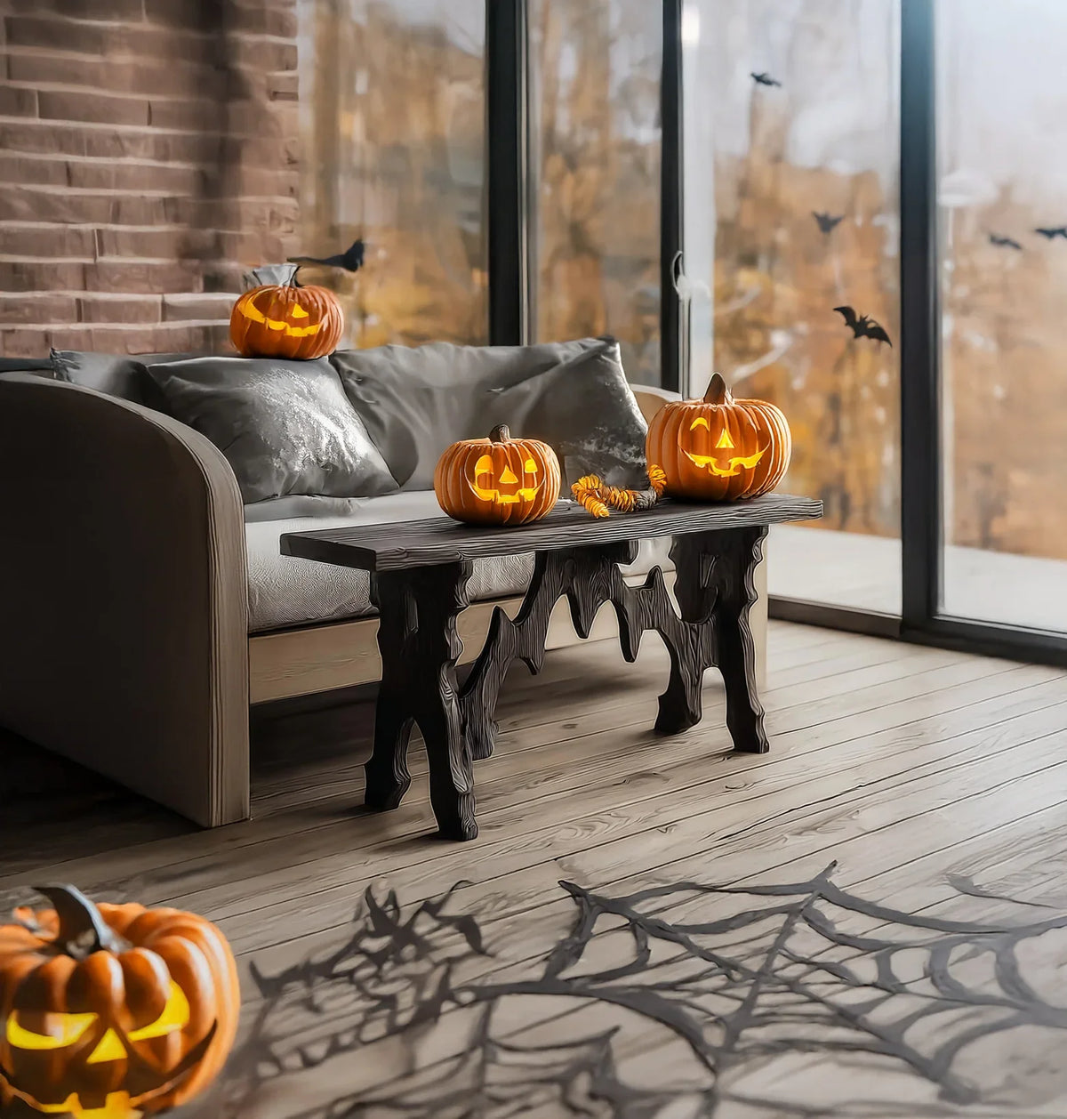 Rustic solid wood table with Halloween pumpkins and bat-themed decor in a cozy living room