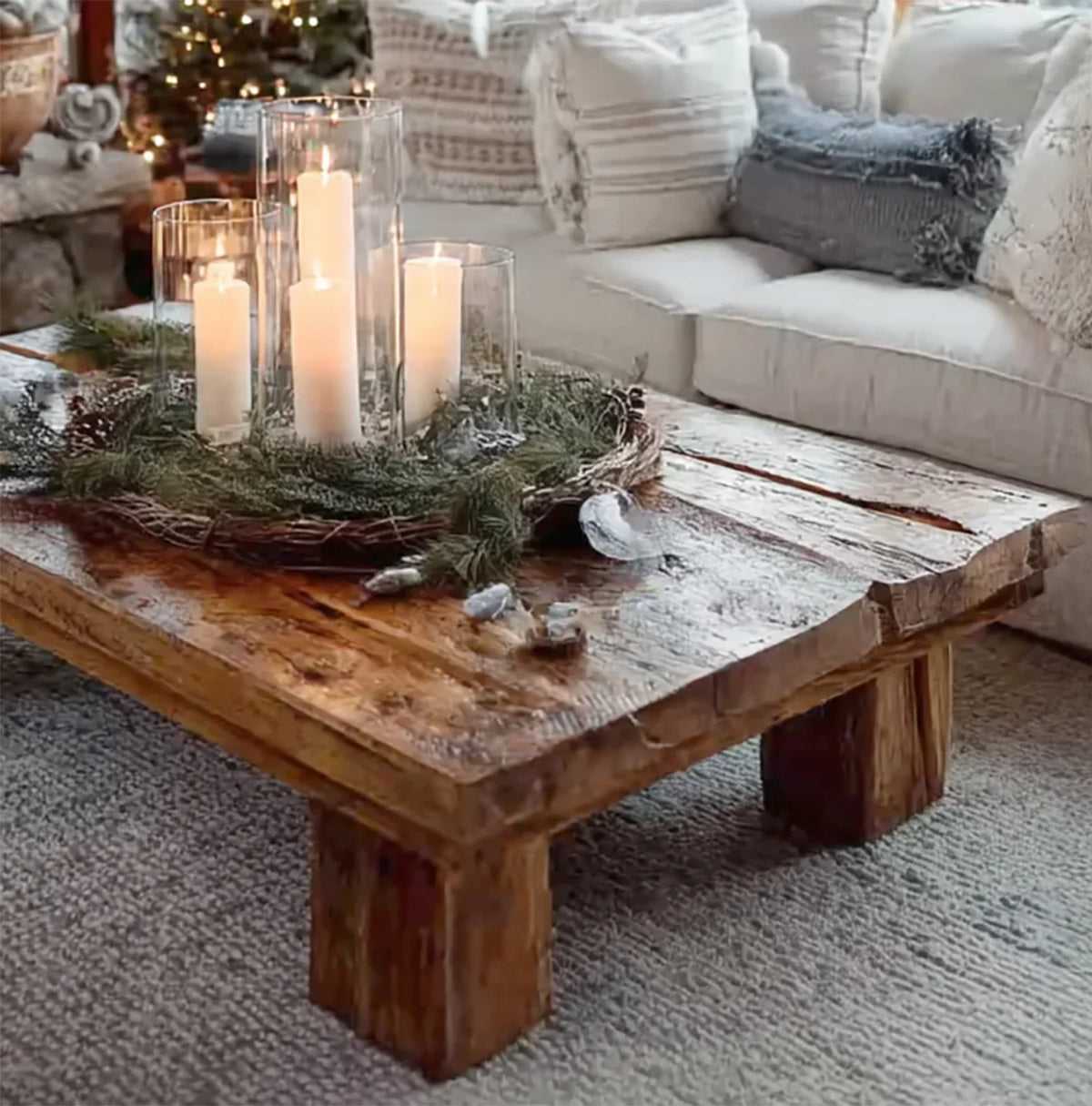 Rustic wooden coffee table with glass candle holders and greenery centerpiece in cozy living room