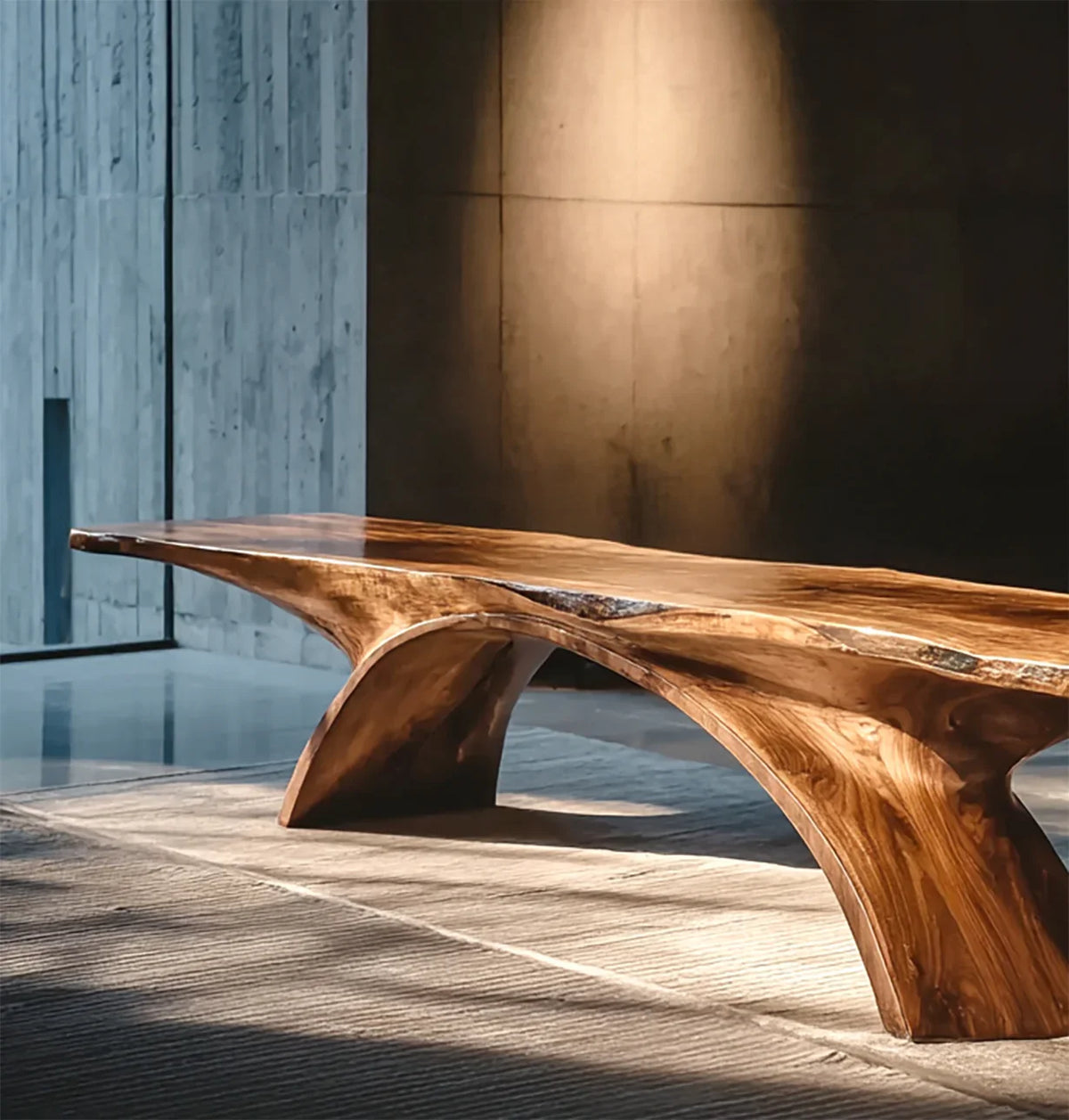 Modern solid wood table with sculptural curved legs in minimalist concrete interior