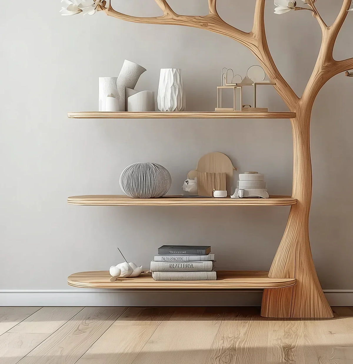 Modern solid wood tree bookshelf with floating shelves, minimalist decor, and books