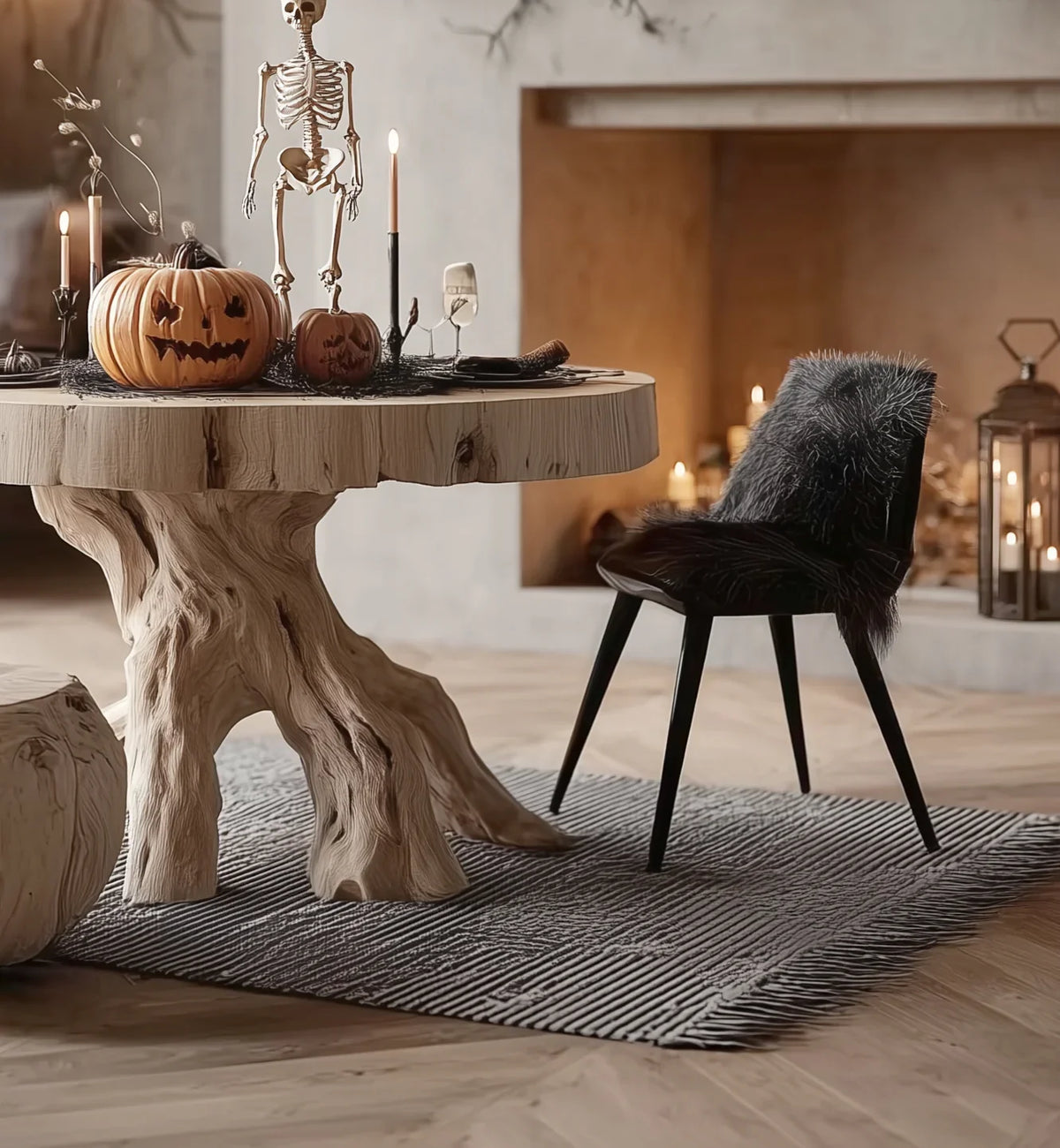 Halloween dining table with carved pumpkins, skeleton decor, candles, and black fur-covered chair near fireplace