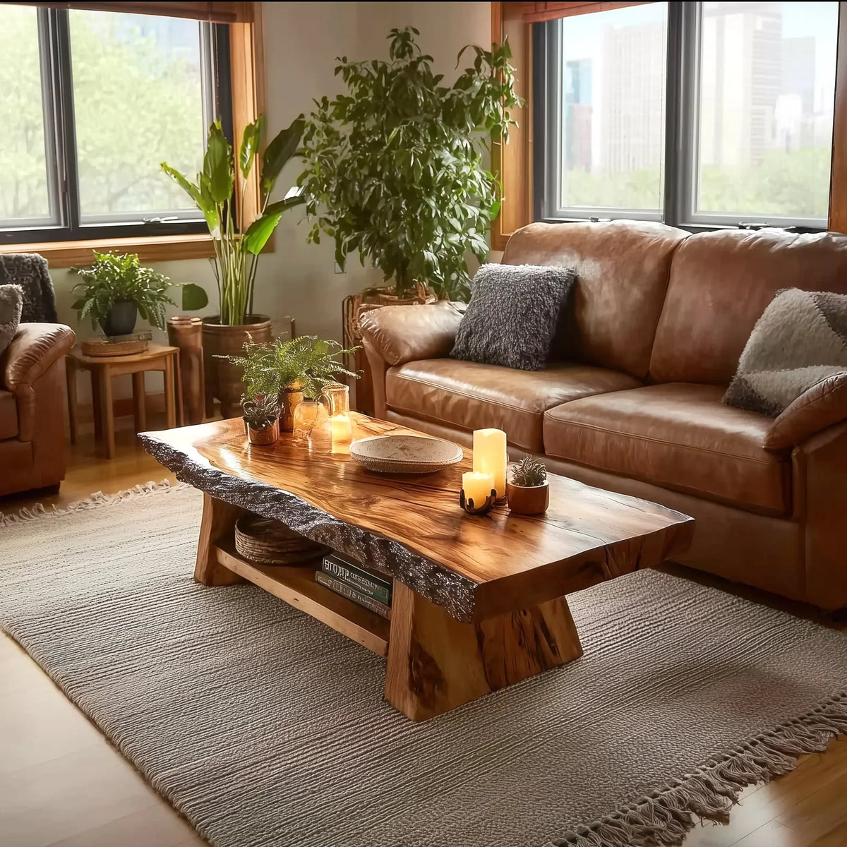 Cozy living room with brown leather sofa, live edge wooden coffee table, indoor plants, and candles