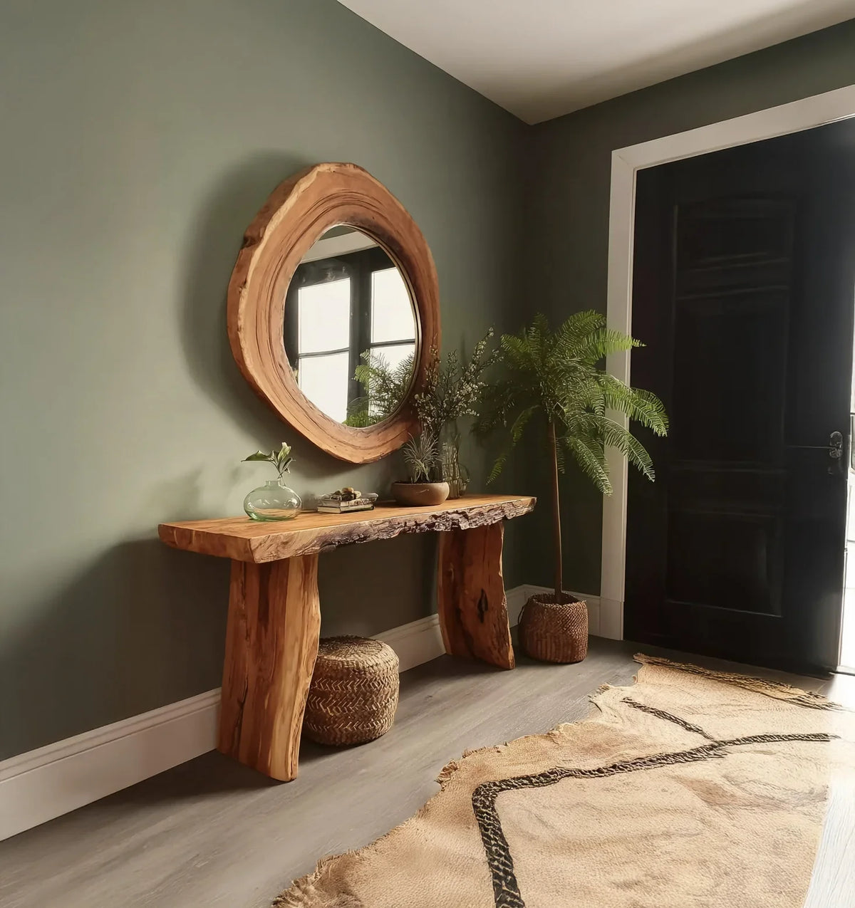 Entryway with rustic live edge wood console table, round wood-framed mirror, plants, and patterned rug