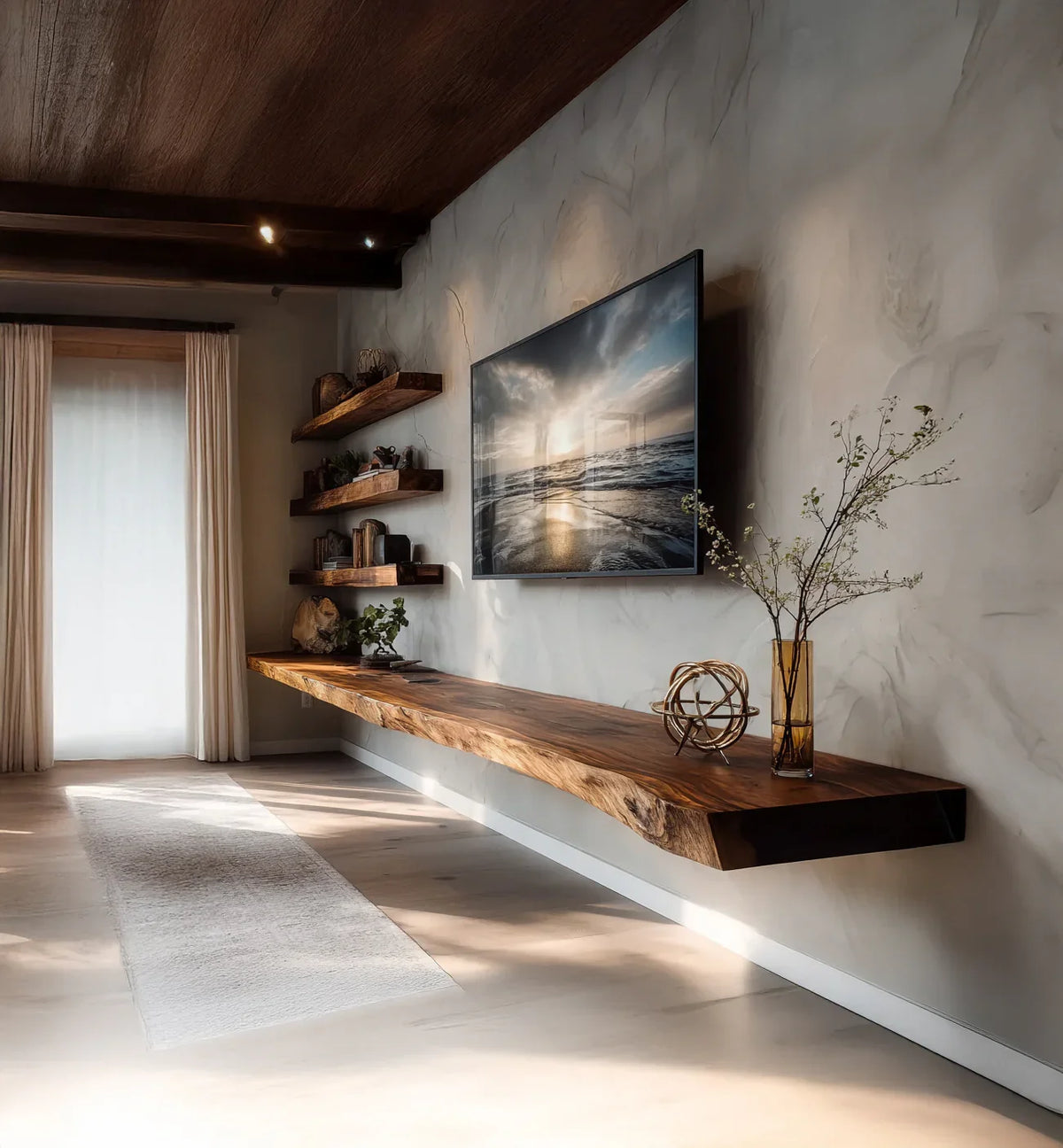 Modern living room with floating live-edge wood shelf, decorative items, and wall-mounted ocean sunset TV
