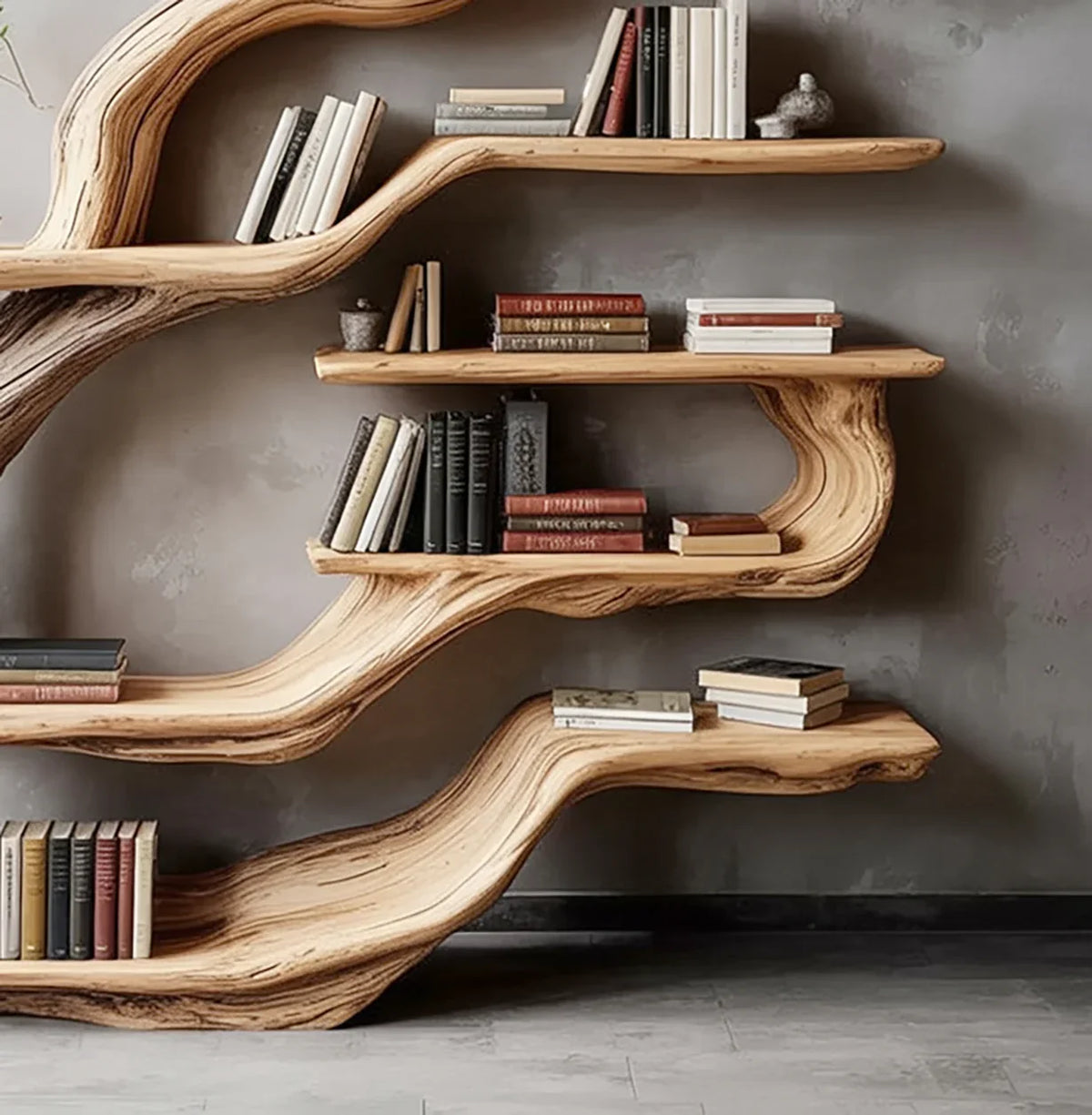 Live edge tree bookshelf with solid wood shelves holding books against a grey wall