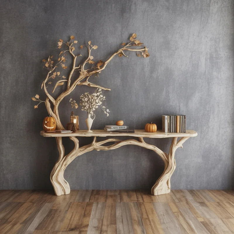wooden console table shaped like tree branches with pumpkins, books, and vase against gray wall
