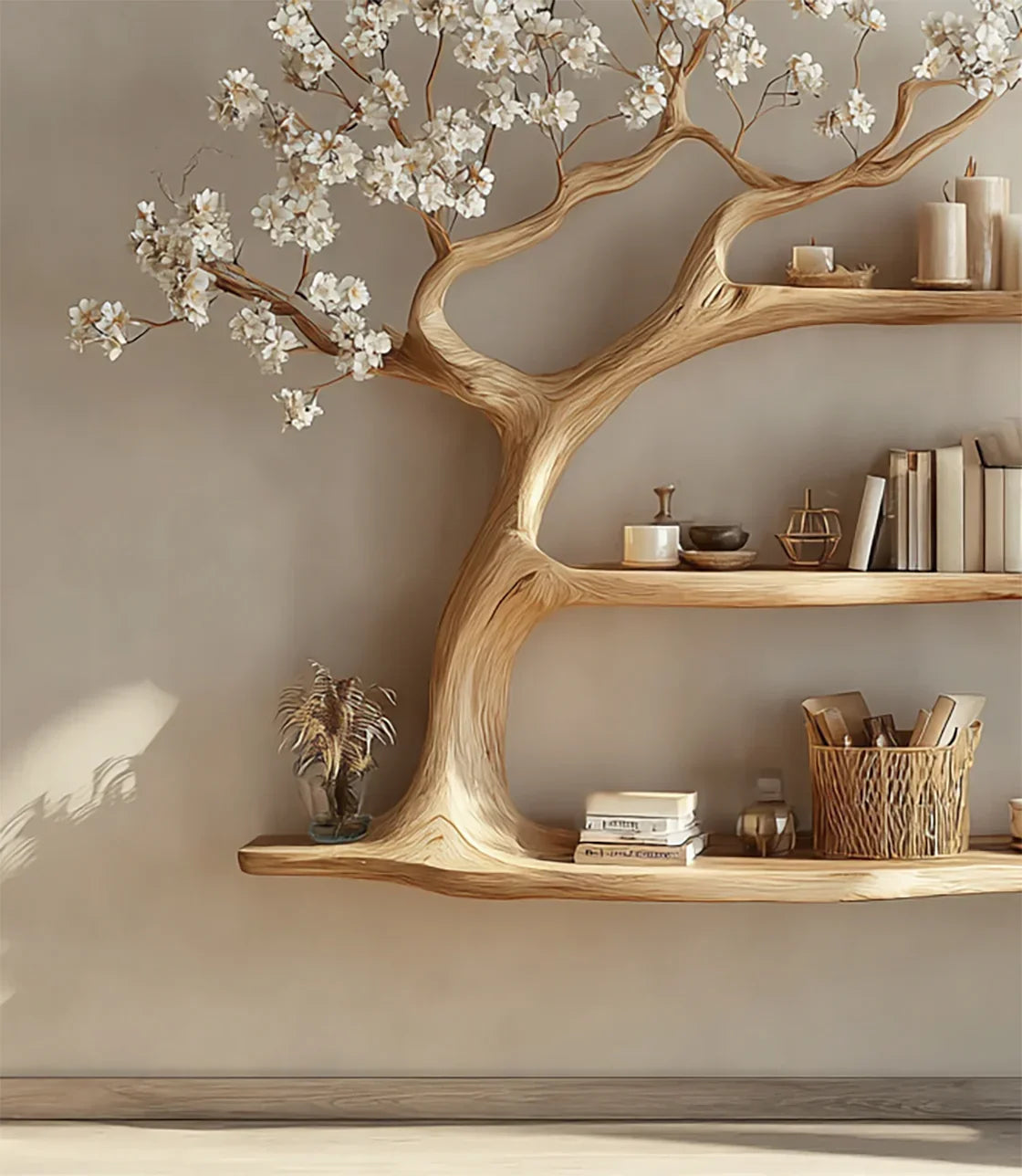 Wooden tree-shaped wall shelves with white flowers, books, candles, and decorative items in neutral room