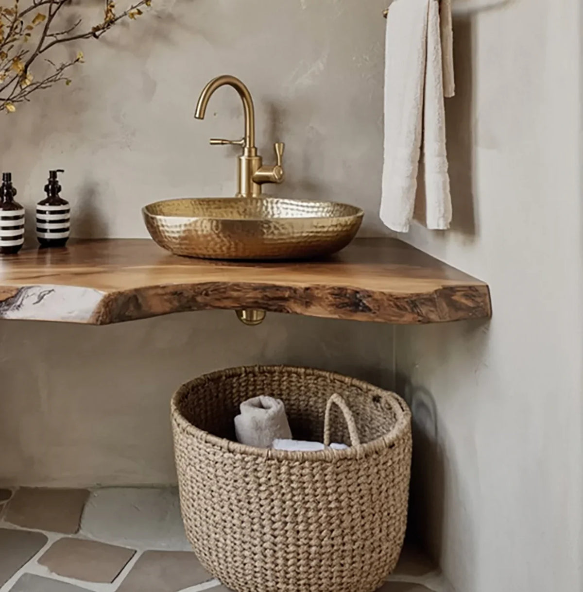 Live edge wood vanity with gold vessel sink, rustic bathroom decor, woven basket underneath
