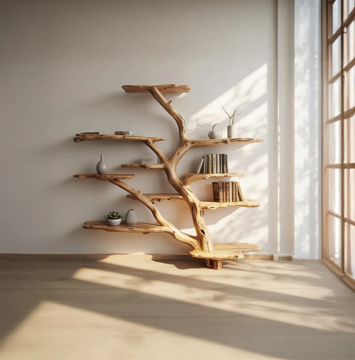 Live edge solid wood tree bookshelf with books and decor in a sunlit modern room