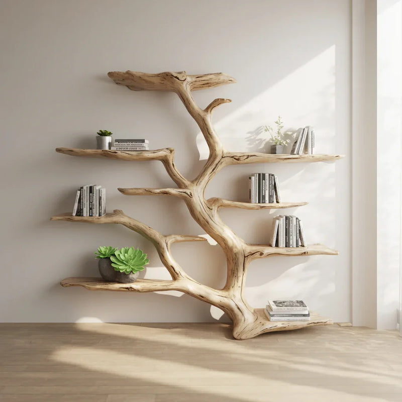 Natural wood tree branch bookshelf with books and green plants in bright modern living room