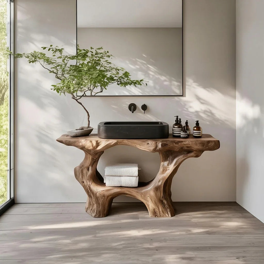 Live edge wood vanity with black sink, modern decor, and indoor plant in minimalist bathroom