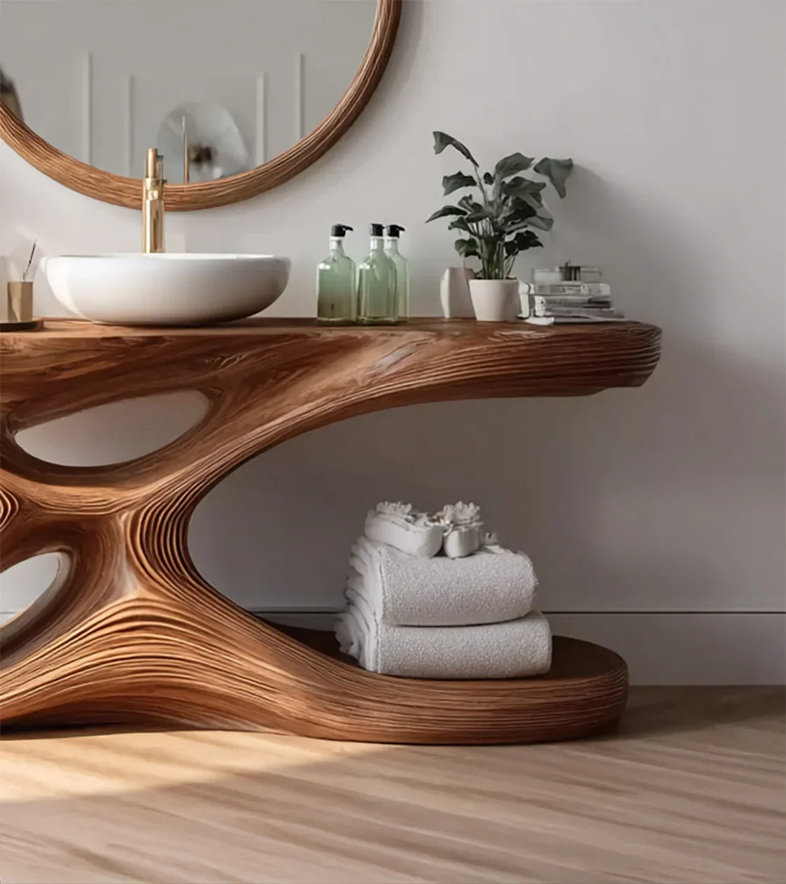 Modern bathroom with unique sculpted wooden vanity, round mirror, vessel sink, and greenery