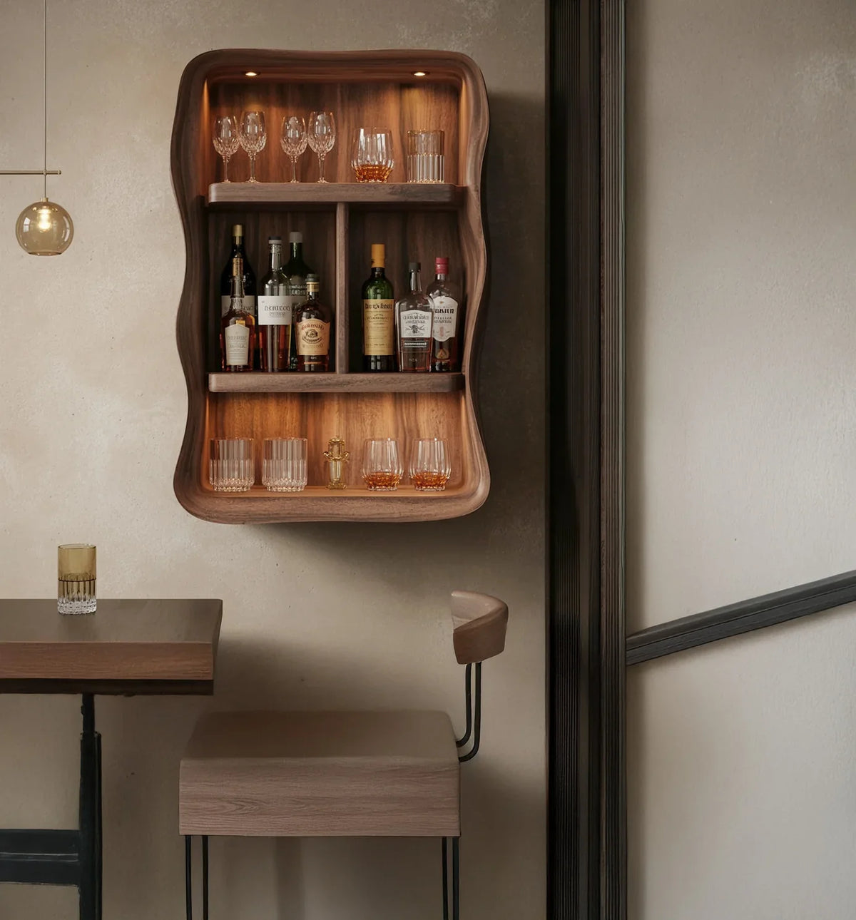 Live edge solid wood wall-mounted bar shelf with glasses and liquor bottles in modern dining area