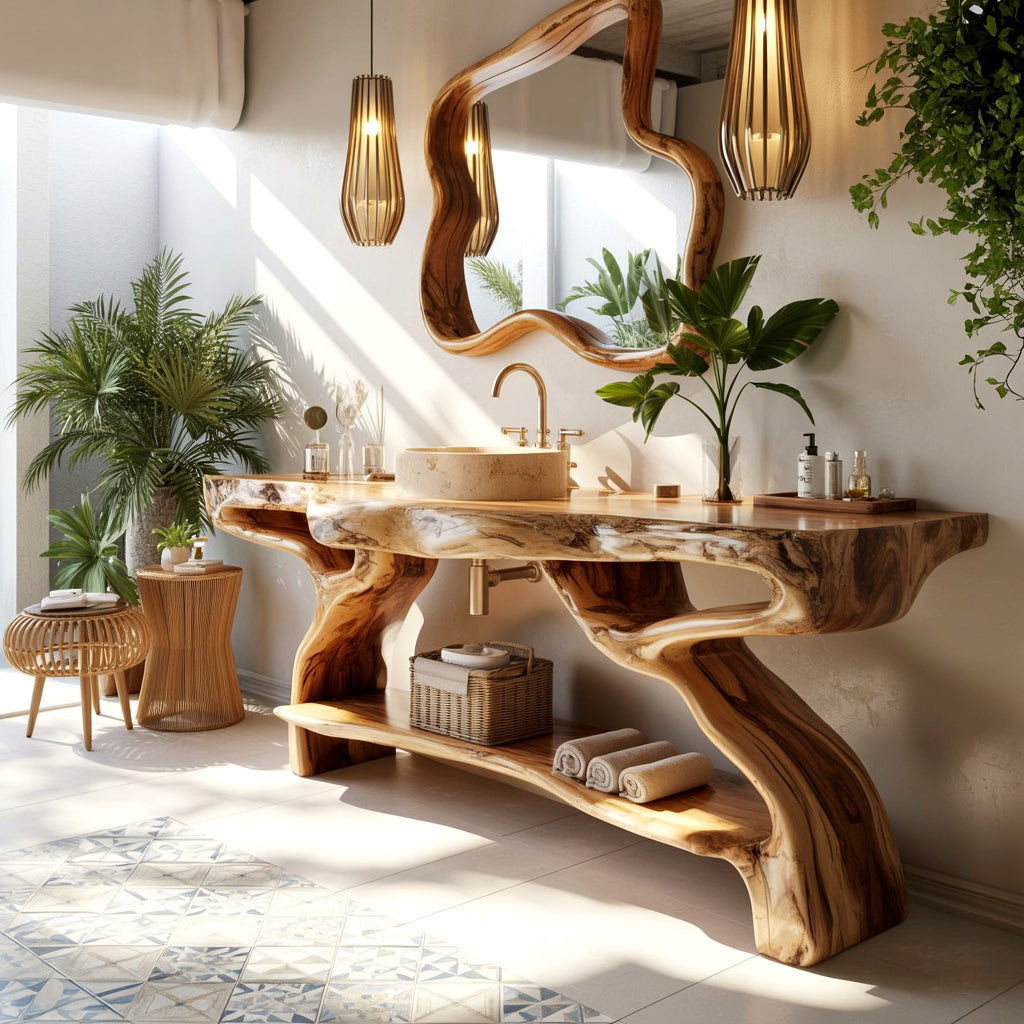Modern bathroom with organic-shaped wood vanity, stone sink, hanging pendant lights, and green plants