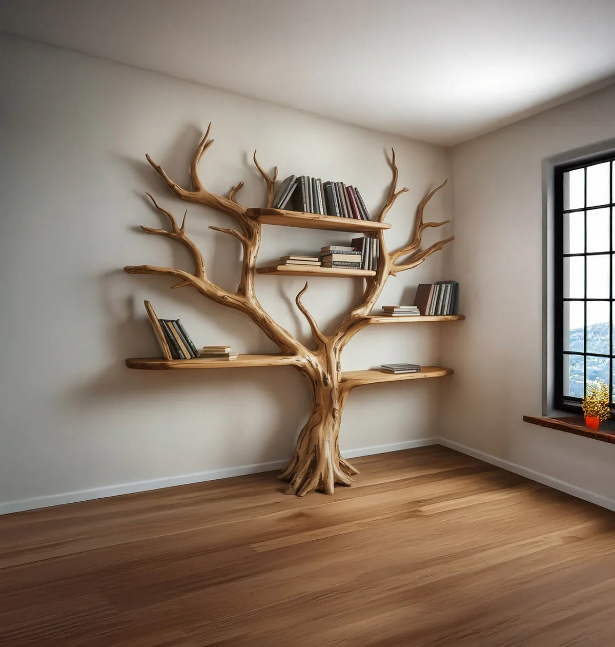Solid wood tree bookshelf with live edge shelves holding books in a modern, bright room.