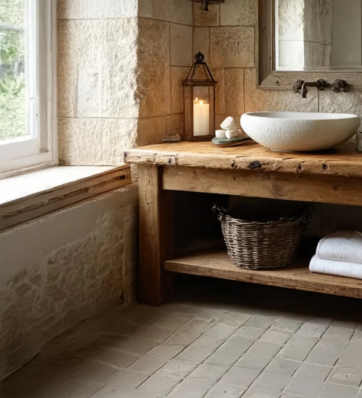 Rustic bathroom corner with stone wall, wooden vanity, ceramic vessel sink, and candle lantern
