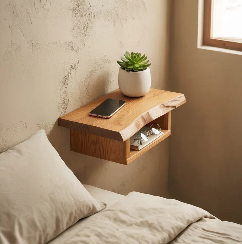 Floating solid wood nightstand with live edge design, holding a phone, succulent, and glasses