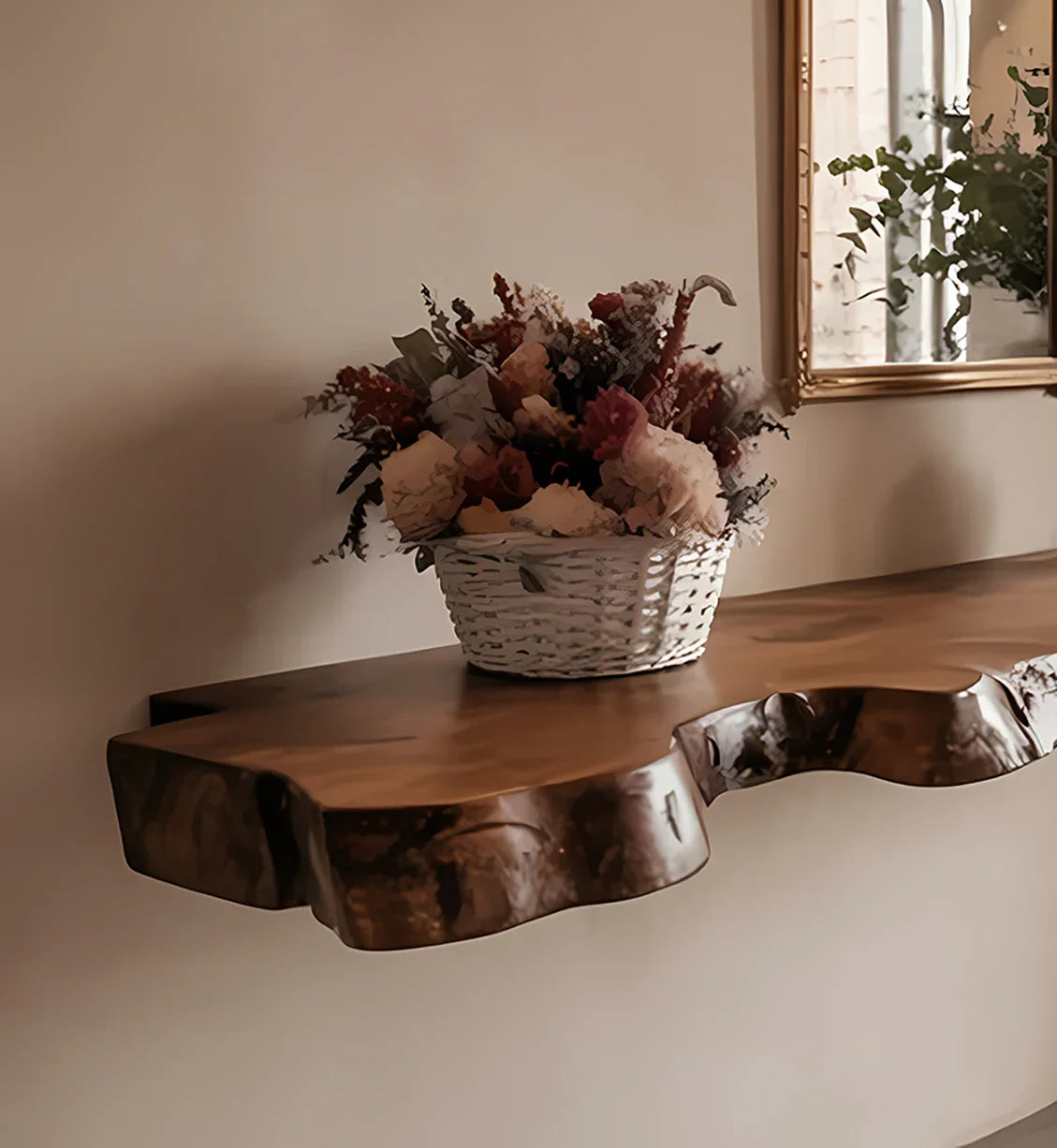 Rustic live edge wooden shelf with white woven basket of dried flowers against beige wall