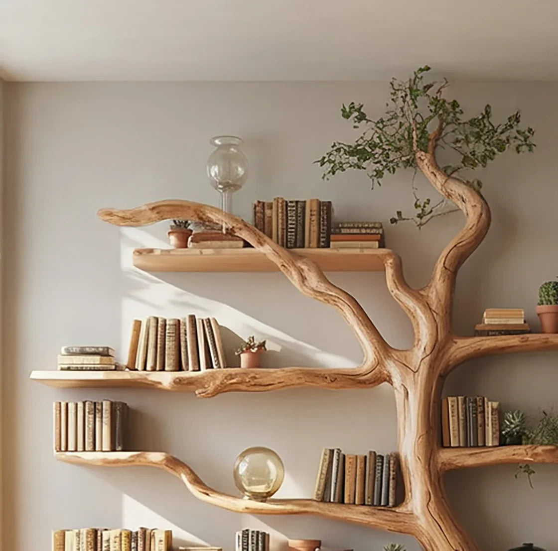 Unique wooden tree branch bookshelf with books, potted plants, and decorative glass balls on wall