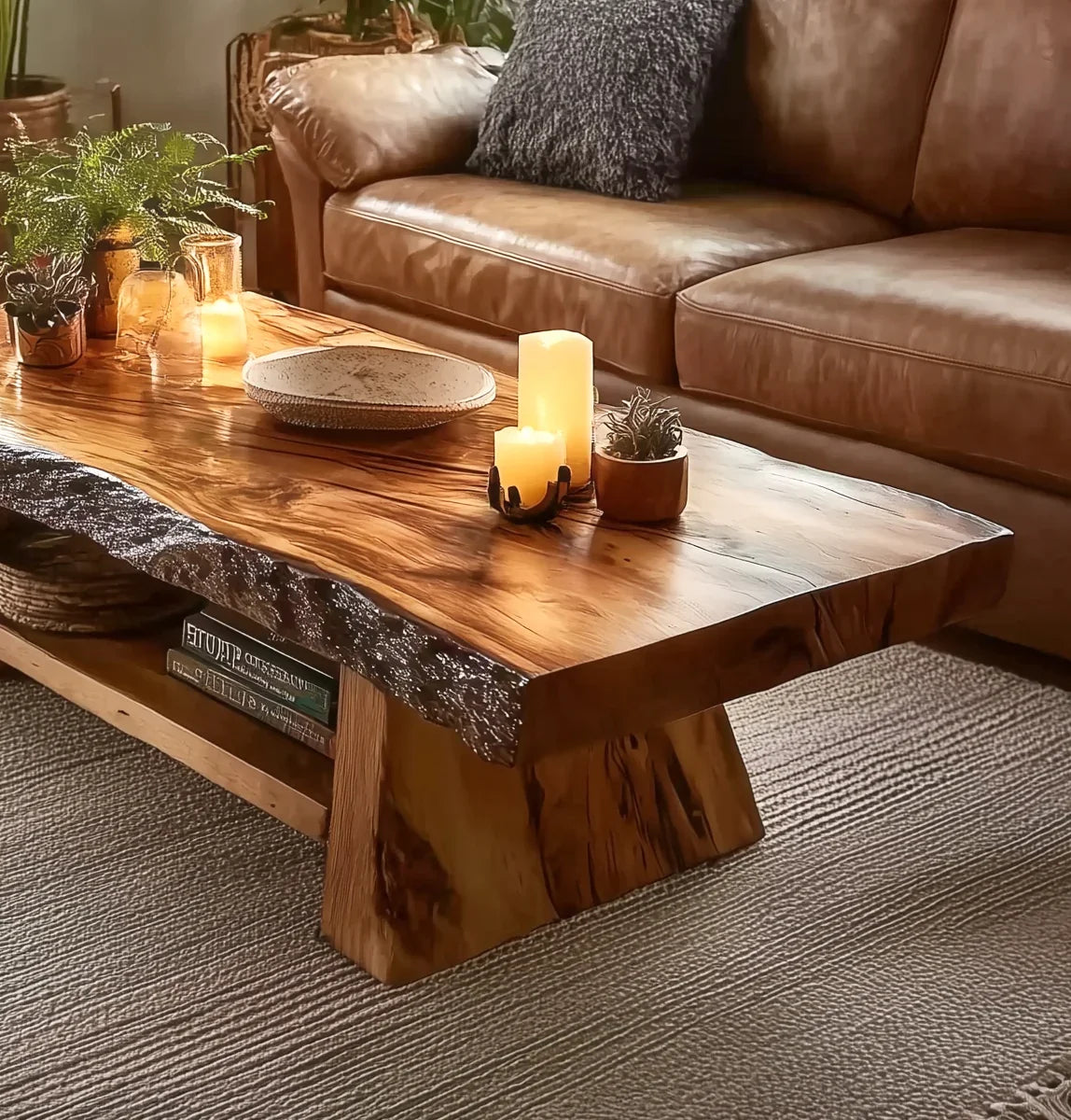 Live edge wooden coffee table with candles, plants, and a leather sofa in cozy living room