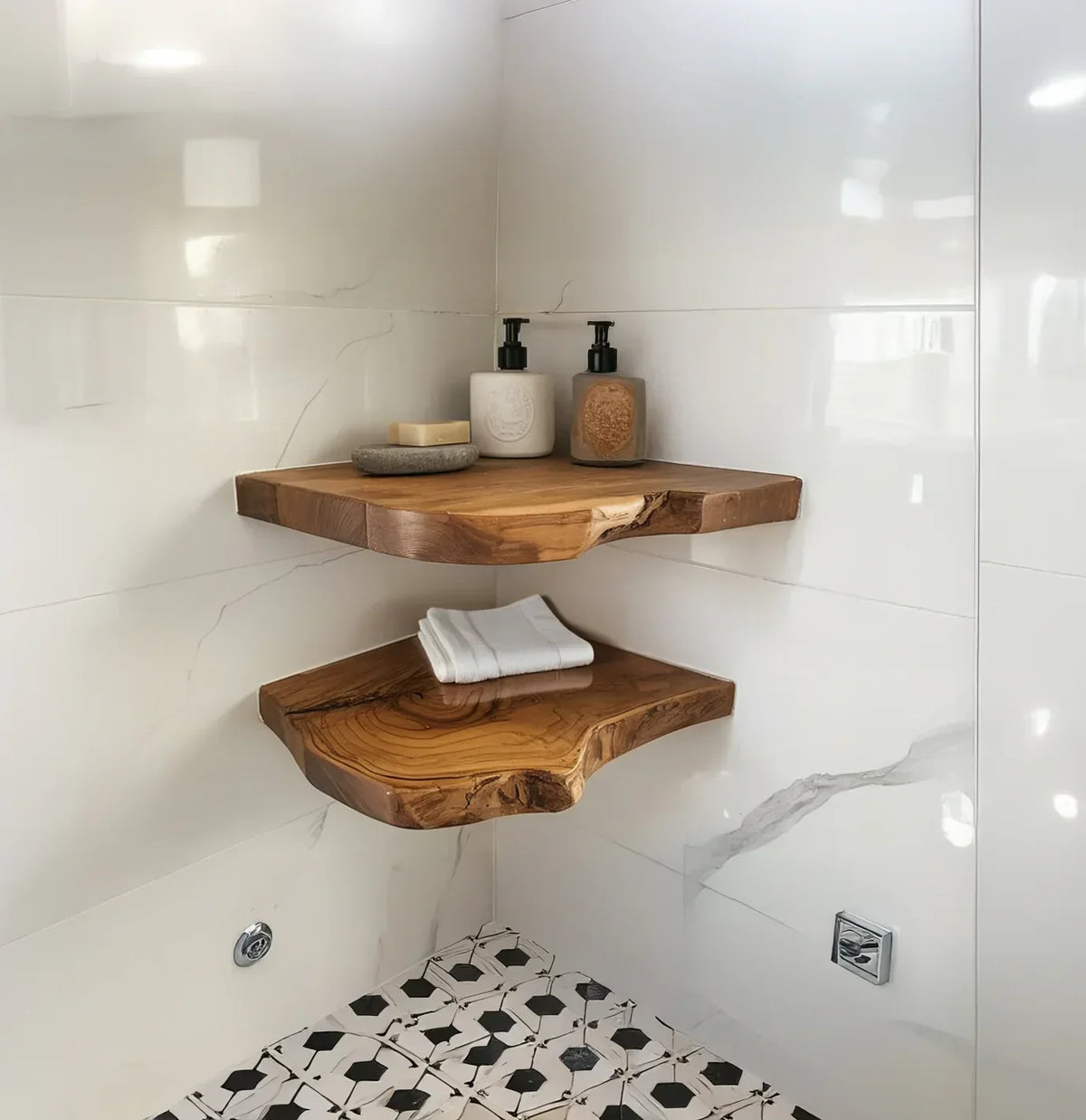 Corner floating shelves made from live edge solid wood in a modern bathroom setting