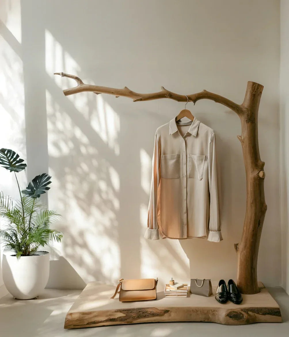 Live edge solid wood coat rack with shirt, accessories, and shoes in a sunlit modern room