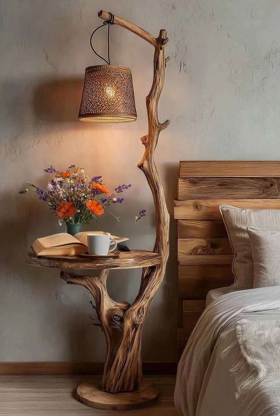 Solid wood live edge nightstand with built-in lamp, flowers, and mug beside bed