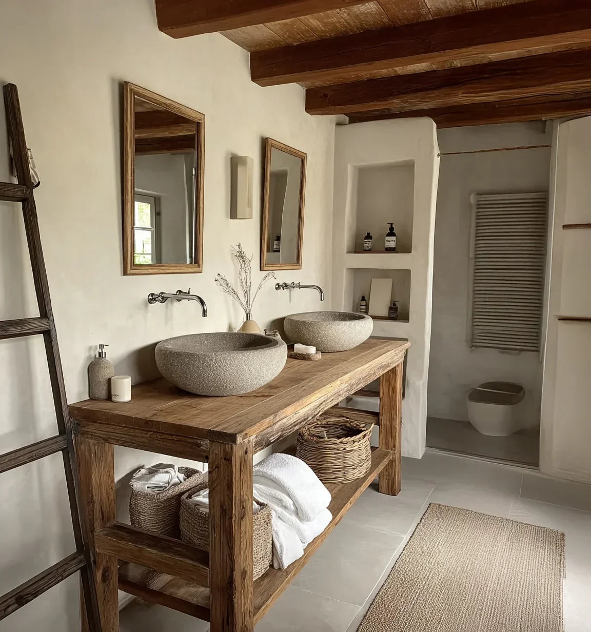 Rustic modern bathroom with solid wood vanity, stone vessel sinks, and woven storage baskets
