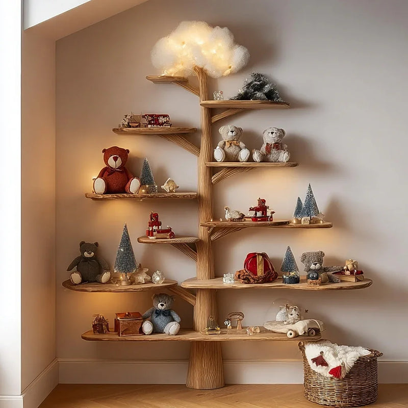 Tree-shaped wooden bookshelf with shelves decorated with teddy bears, gifts, and miniature trees.
