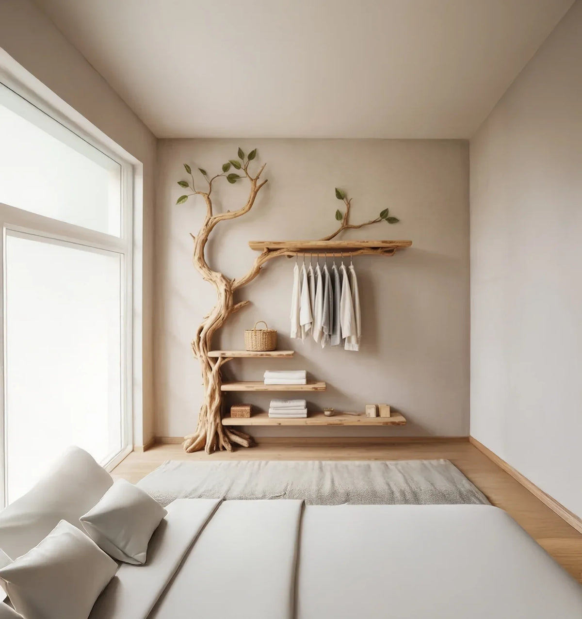 Minimalist bedroom with tree-inspired wooden shelves holding folded towels and hanging neutral clothes
