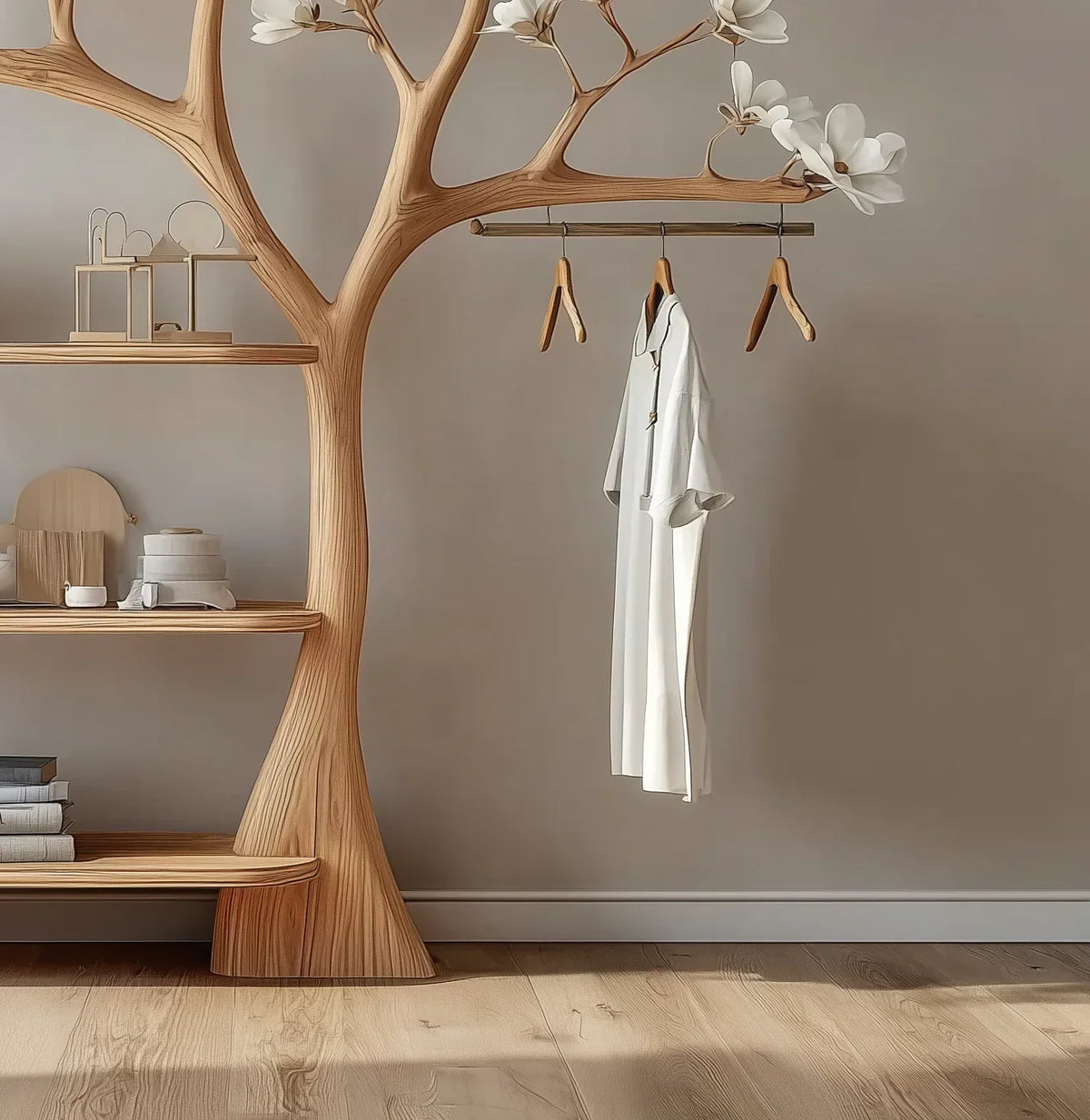 Solid wood tree bookshelf with hanging rod, shelves, and minimalist decor in modern room